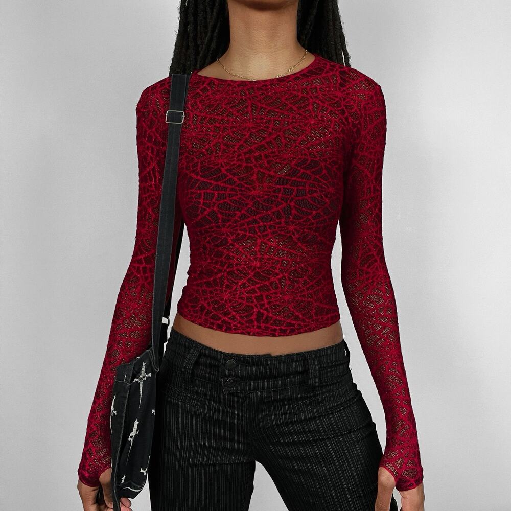 Y2K Hot Topic Monster Spider Web Mesh Long Sleeve Cob Web Top Vintage Mall Goth